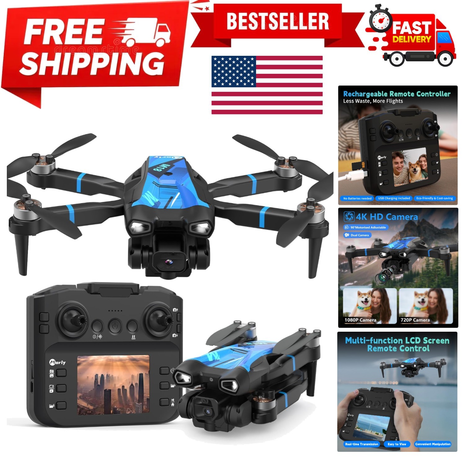 M18LCD Drone with 4K Camera for Adults Drone with Screen on Controller Brushl...