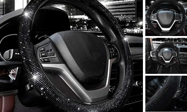  Steering Wheel Cover for Standard Size(14"1/2-15"1/4) Black with Black Diamond