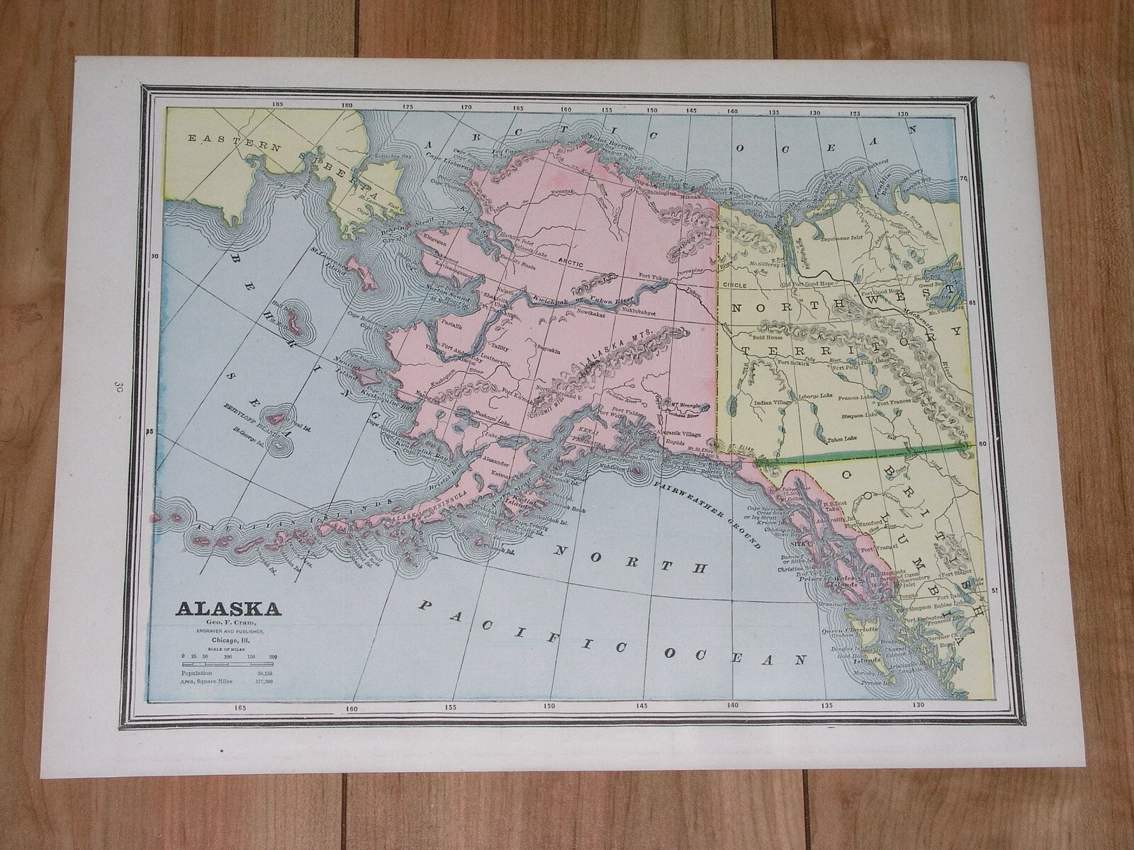 1886 ORIGINAL ANTIQUE MAP OF ALASKA / PANHANDLE ALEUTIAN ISLANDS / YUKON CANADA