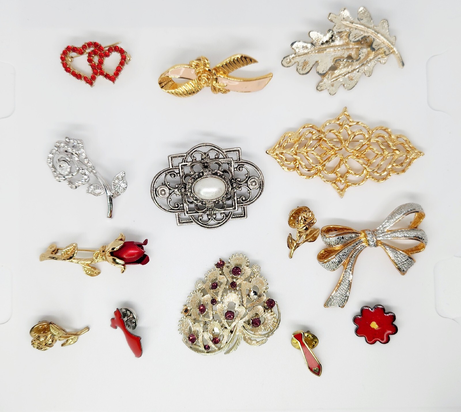 Lot of 14 Vintage Brooches Pins Gold Silver Tone Rhinestone Bow Avon Rose Deco