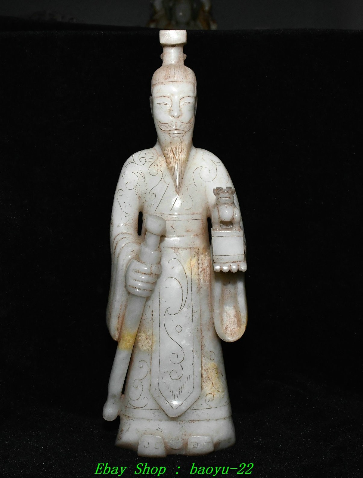 11''Old Natural Hetian Jade Carved Qinshihuang Ying Zheng Emperor Statue