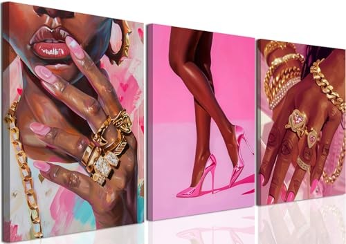 Black Girl Wall Art Set of 3 Fashion Black Woman Canvas Wall 16L" x 12W" Pink