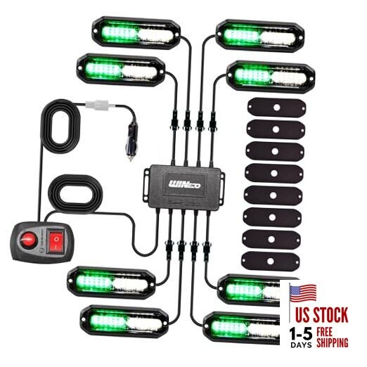  8PCS LED Strobe Lights 12V Sync Feature Green White 12LED GREEN WHITE