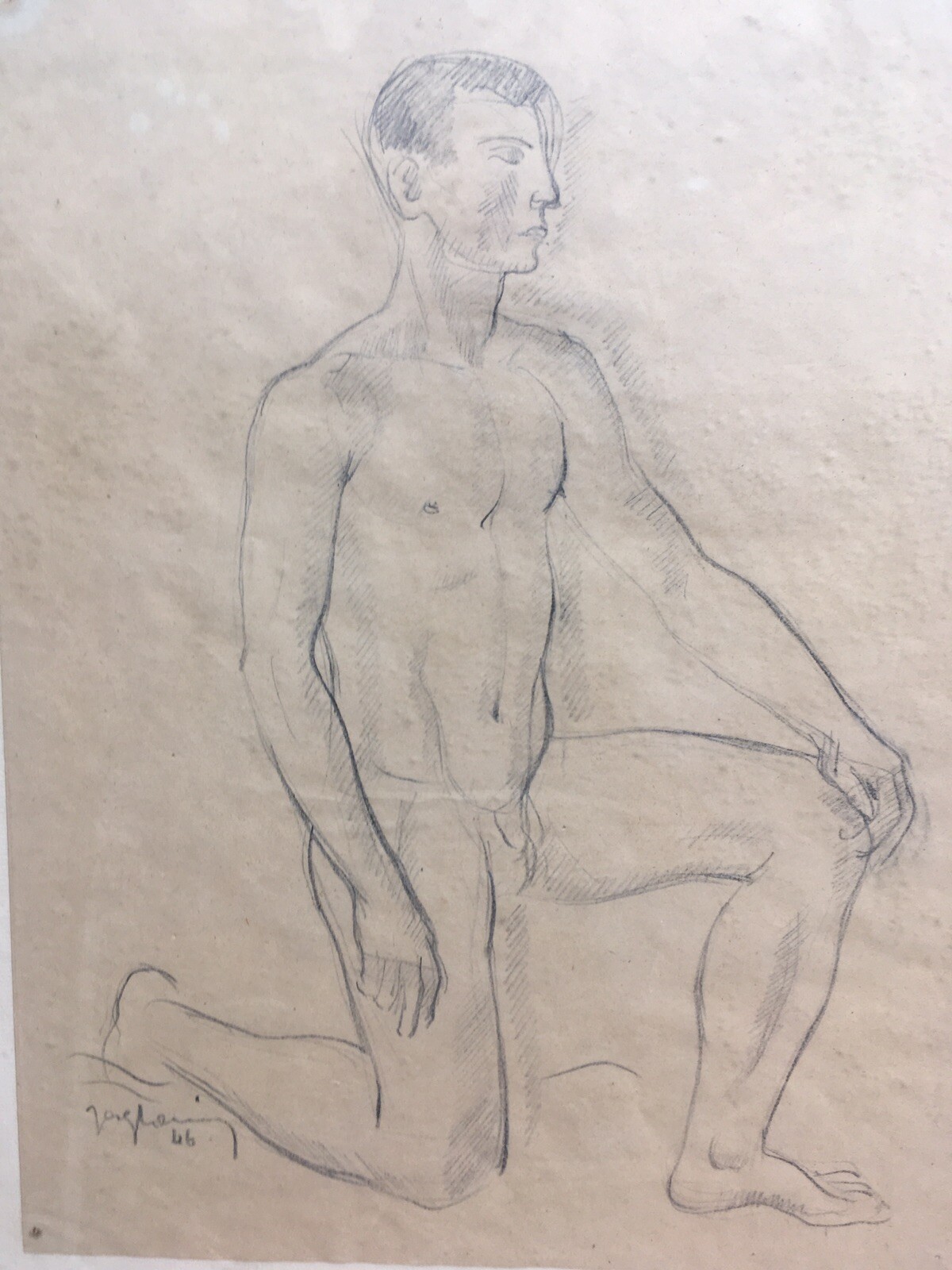 Beau Grand Dessin Homme Nu 1946 Agenouillé Mine Plomb Fusain XXe A Identifier