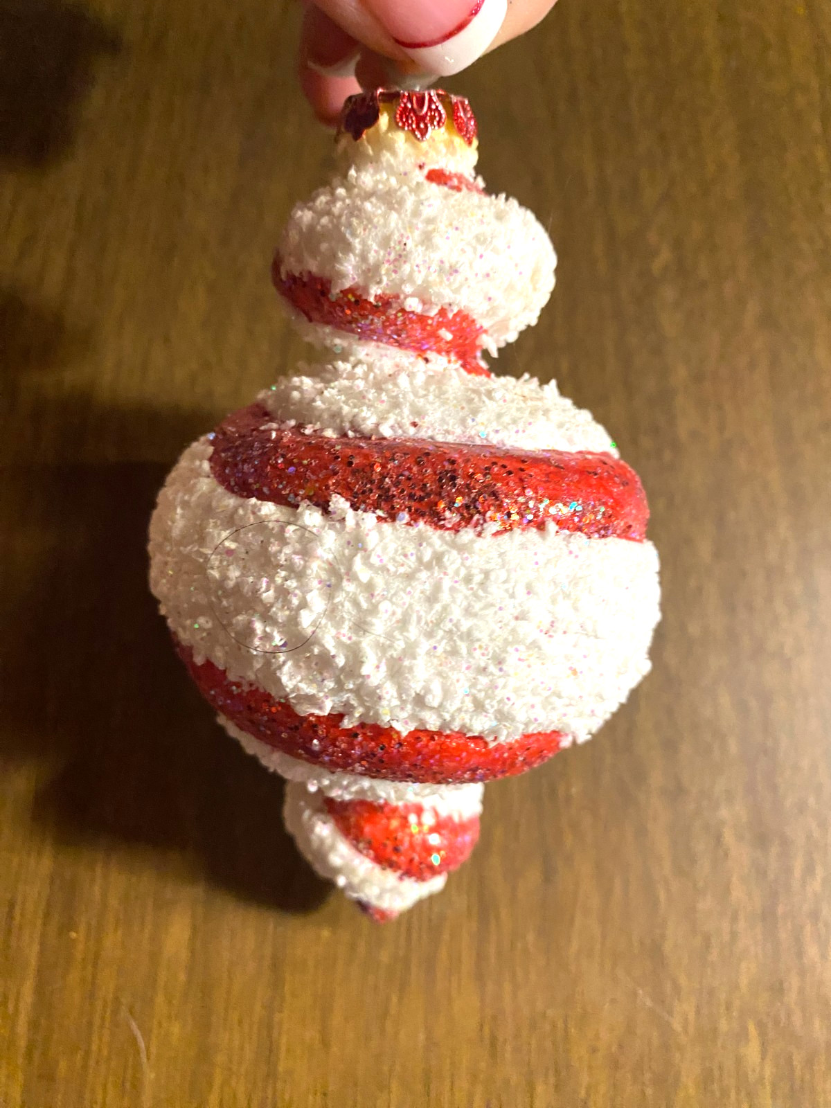Vintage Flocked Red White Finial Christmas Ornament 4.5"
