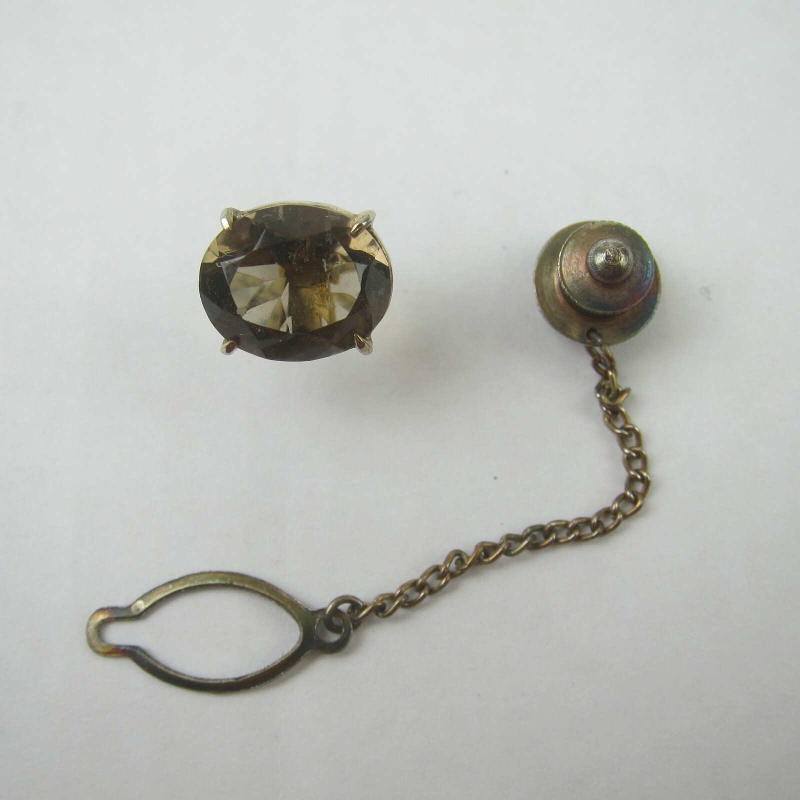 Vintage Tie Tack Lapel Pin Faceted Smoky Gem Stone Brown with Chain