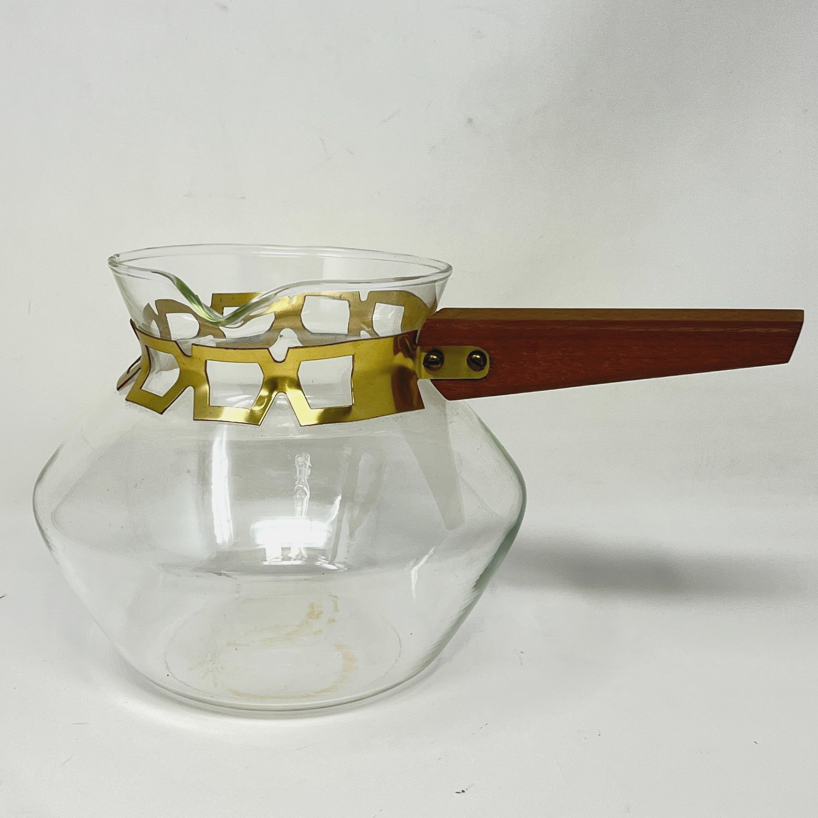 Vintage Mid Century Modern Glass Fondue Pot Brass Band Wood Handle Collectible