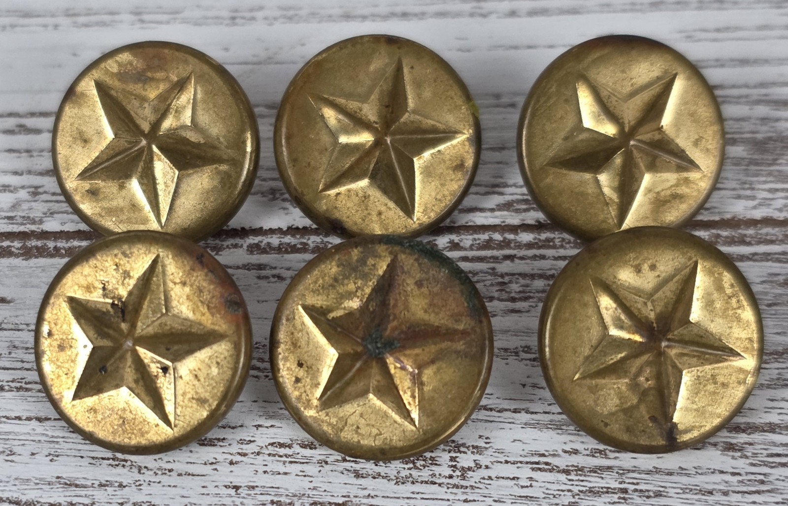 (6) Vtg Metal Patina Raised 5 Pointed Star Shank Buttons Military Uniform 