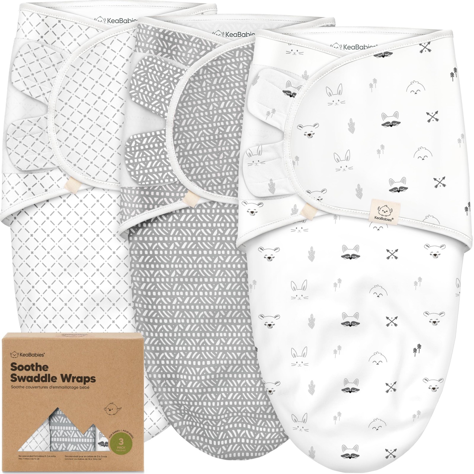 KeaBabies 3-Pack Organic Baby Swaddle Sleep One Size (0-3 months), Nordic 