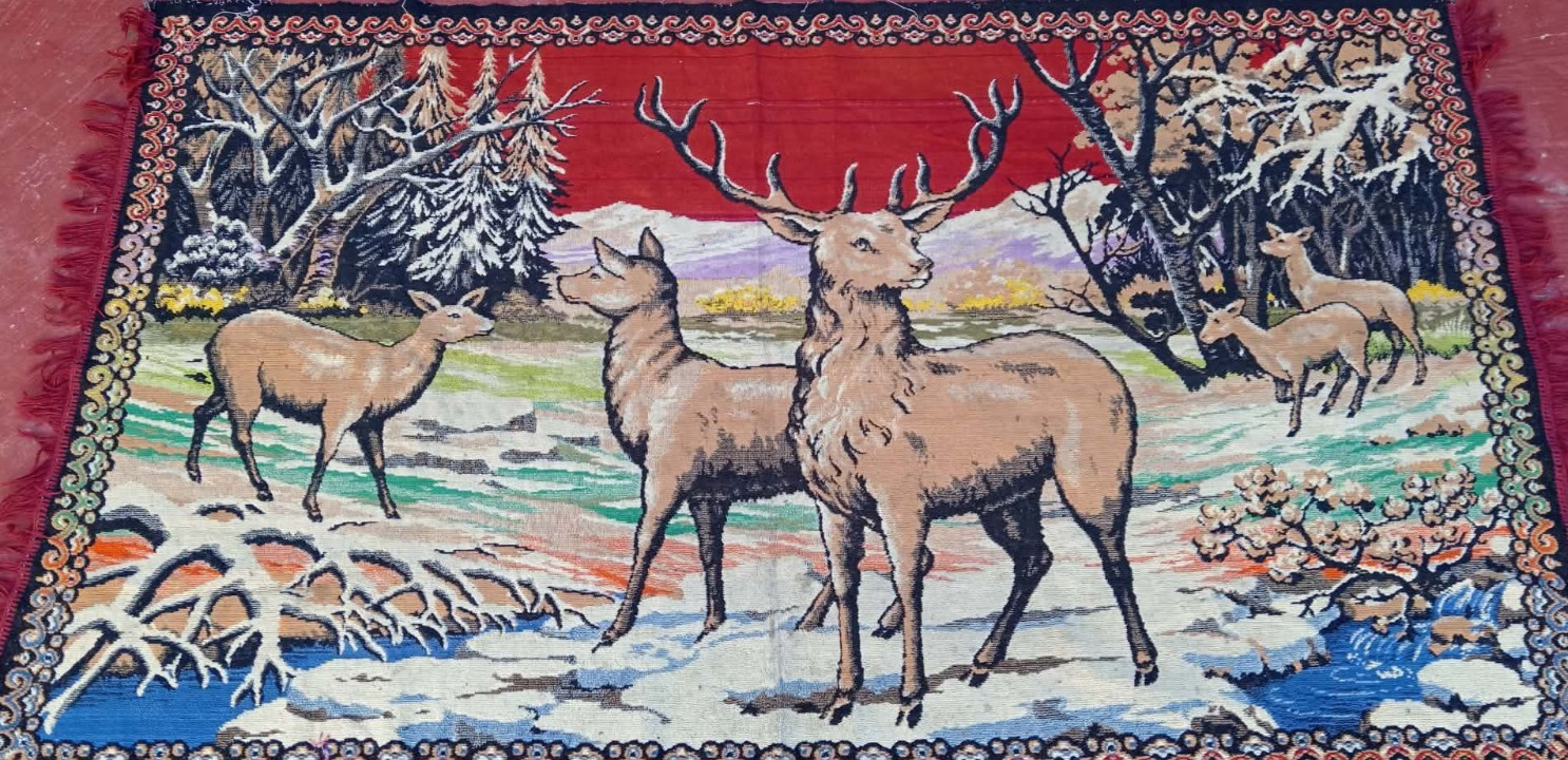 VTG 70s Deer Family Tapestry Wall Hanging MCM Huge 64x36 in Hanging Rug