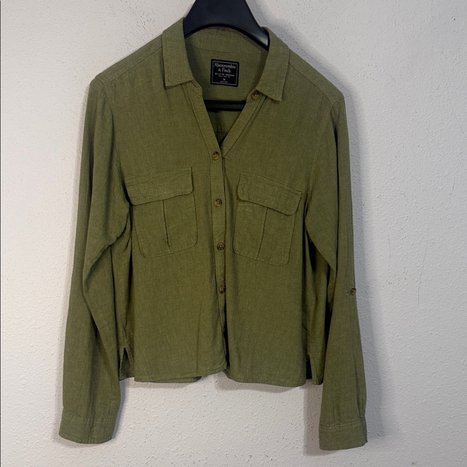 Abercrombie & Fitch Sage Green Linen Blend Utility Shirt Size M