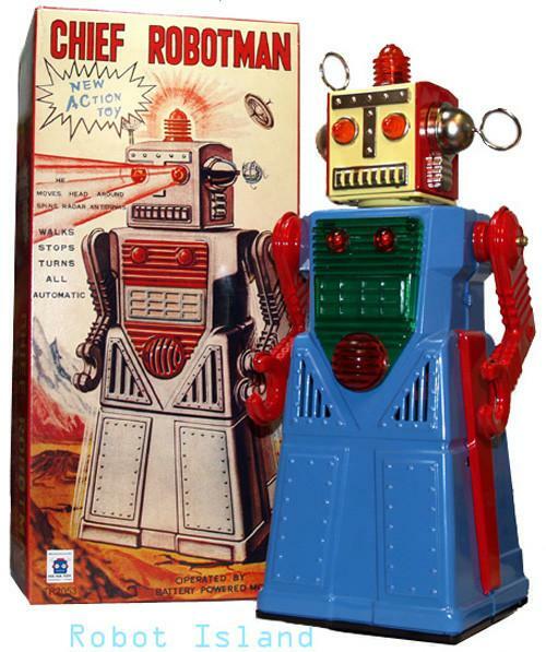 Chief Robotman Robot Battery Operated Tin Toy Blue original factory stock