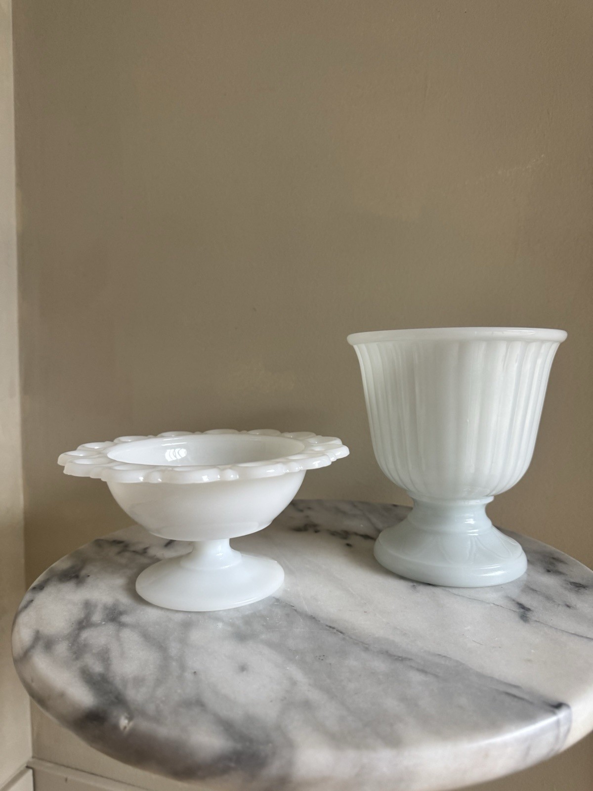 White Milk Glass Compote & Pedestal Bowls Set Decorative Scalloped Ribbed 5-6"