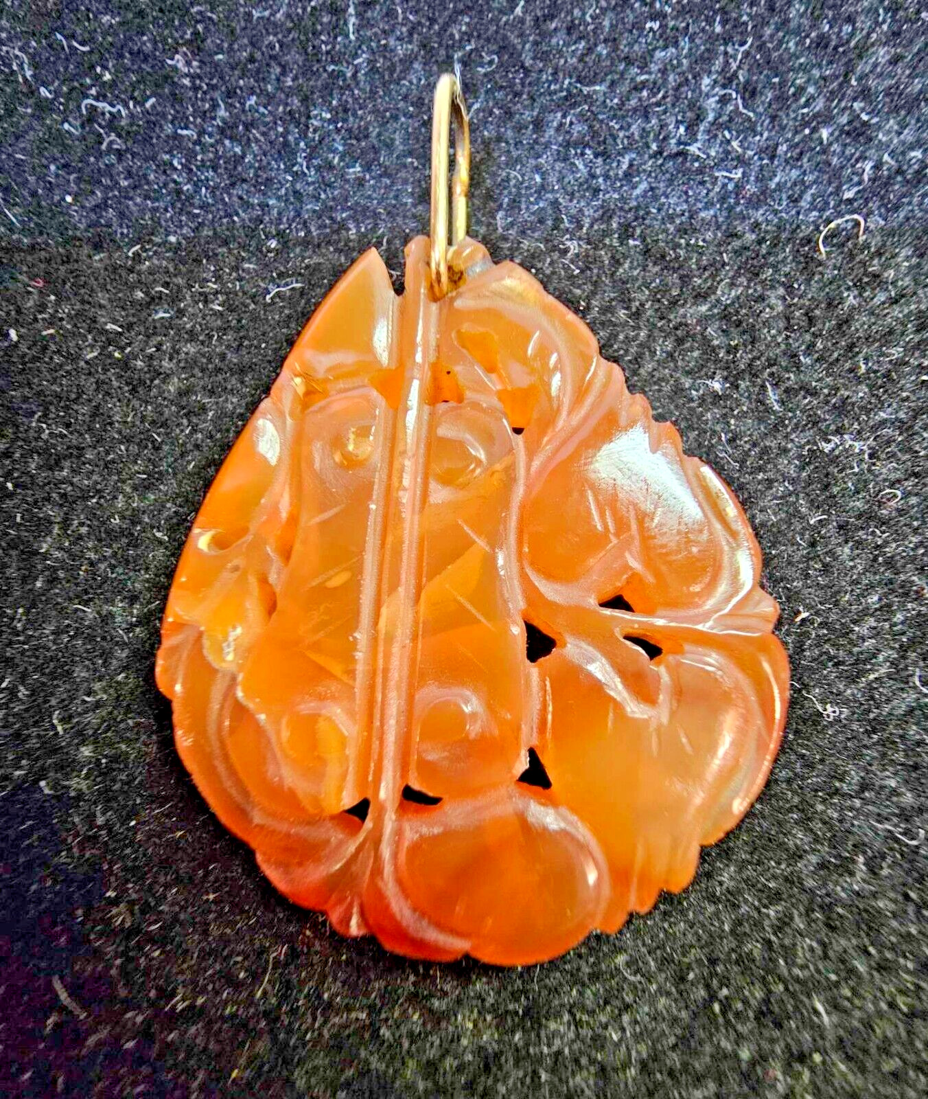 Vtg Carved Carnelian Pendant leaf design w/ Goldfilled Bail- READ- S60