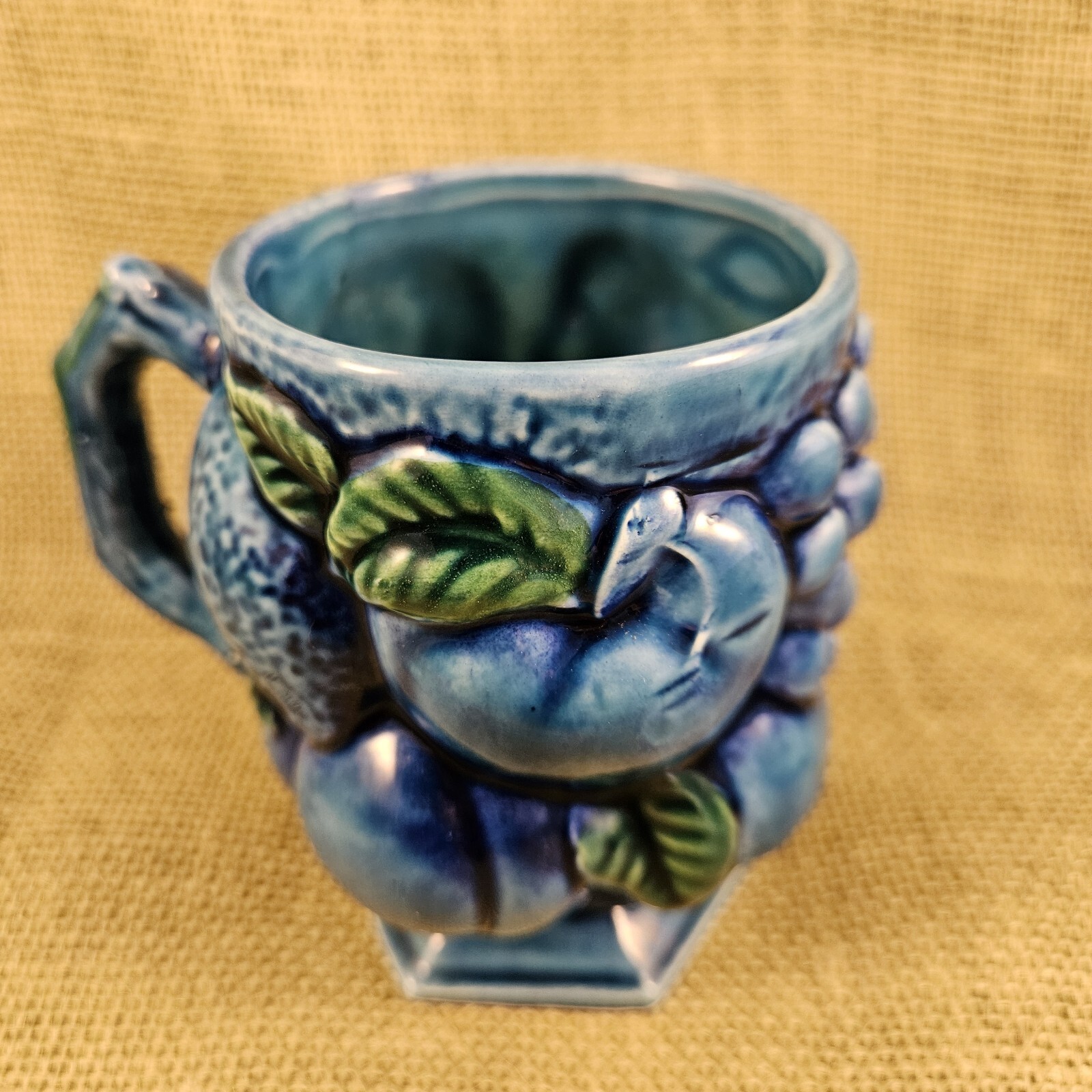 Vintage Inarco Pottery Mood Indigo Blue Embossed Fruit 4" Mug Japan E-2431 1970s