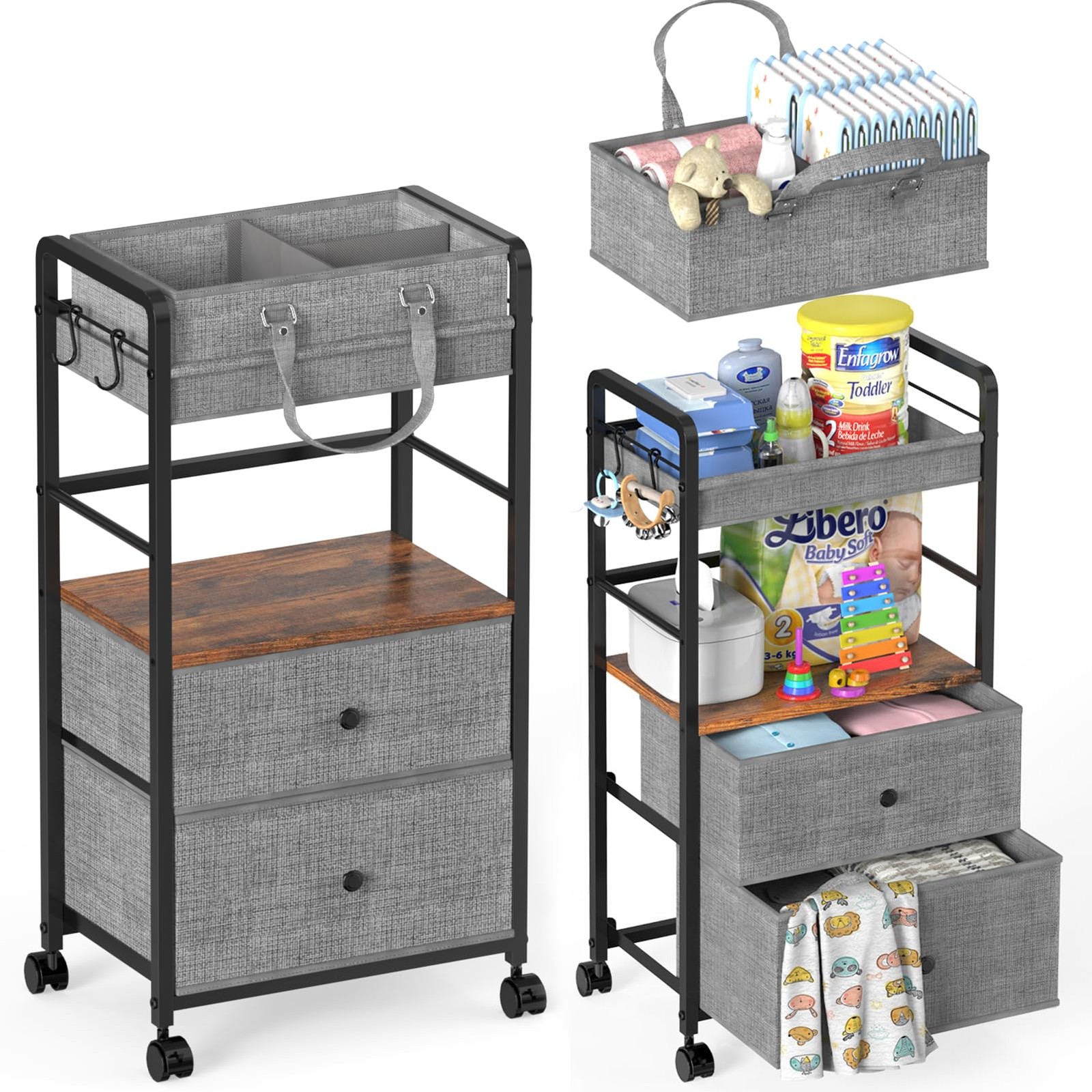 2IN1 Baby Diaper Caddy Organizer & 4-Tier Rolling Cart, Bedside Cart for Baby...