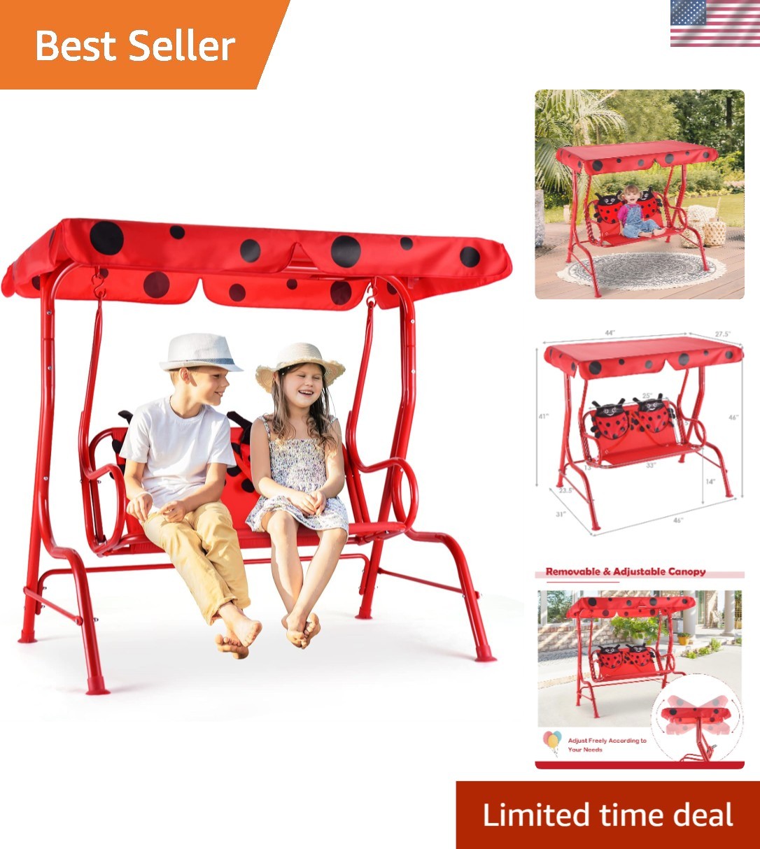 Kids Porch Swing with Adjustable Canopy & Safety Belts - Adorable Ladybug Design