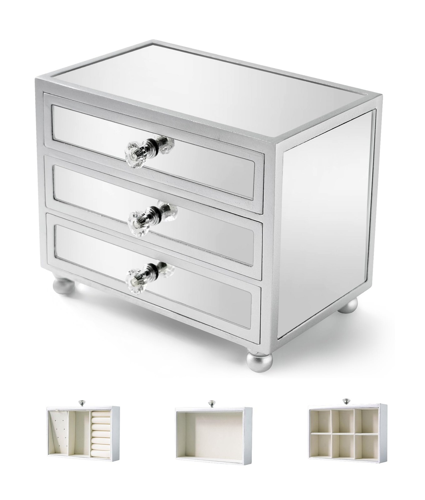 3 Layer Mirrored Glass Jewelry Box, Large Capacity Women's Storage Box with V...