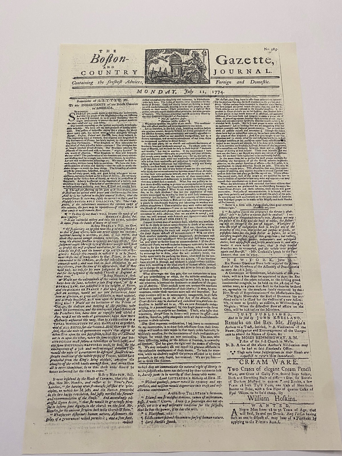 HBO John Adams TV Series Show American Revolution 1774 Boston Gazette Prop