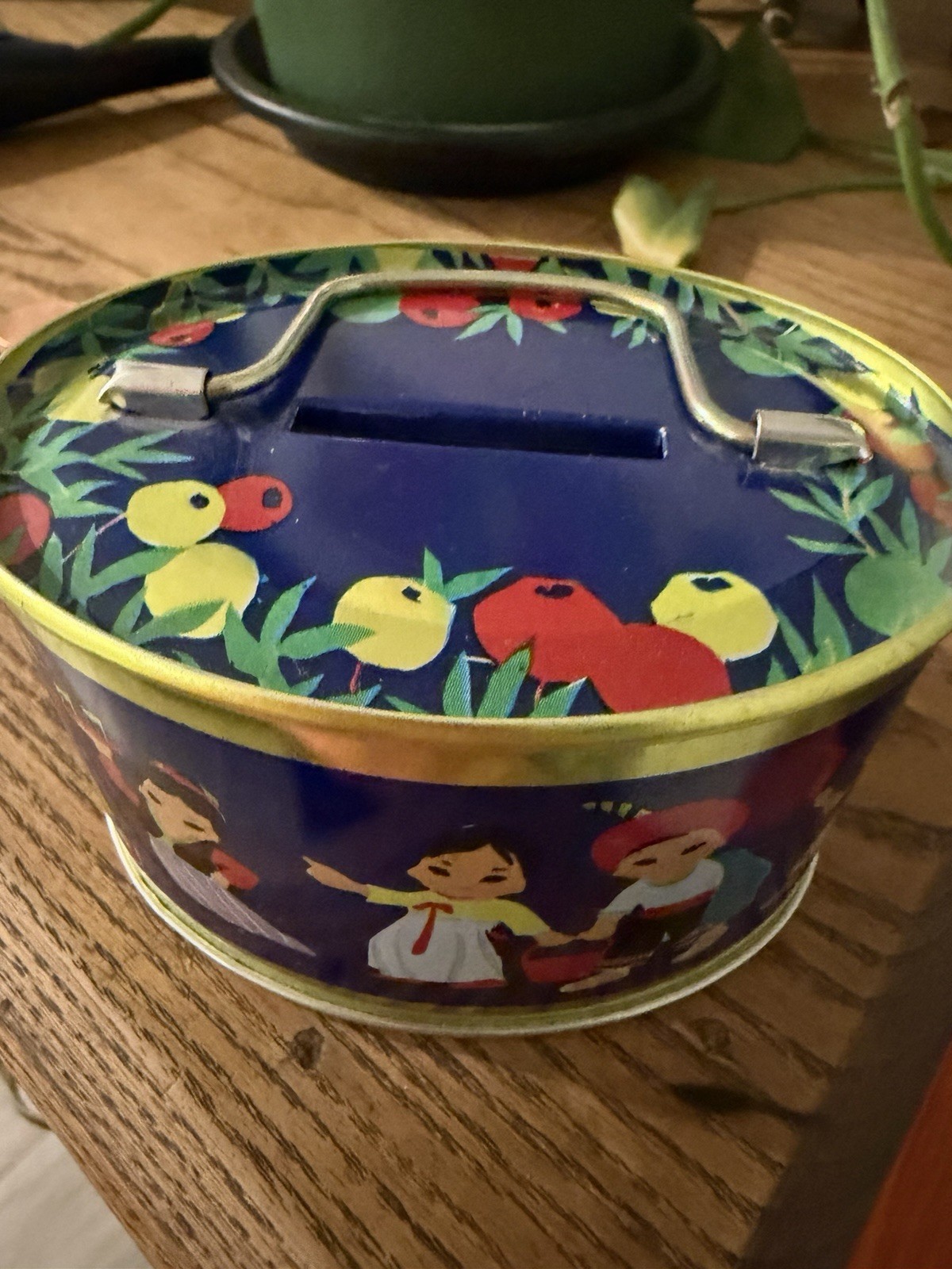 Vtg 1970s Tin Bank with Handle And Coin Slot Asian Children No Key Celebration