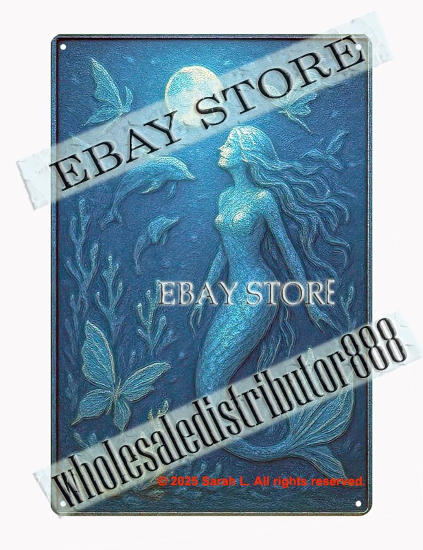 Moonlit mermaid tin sign mystical ocean wall art decor