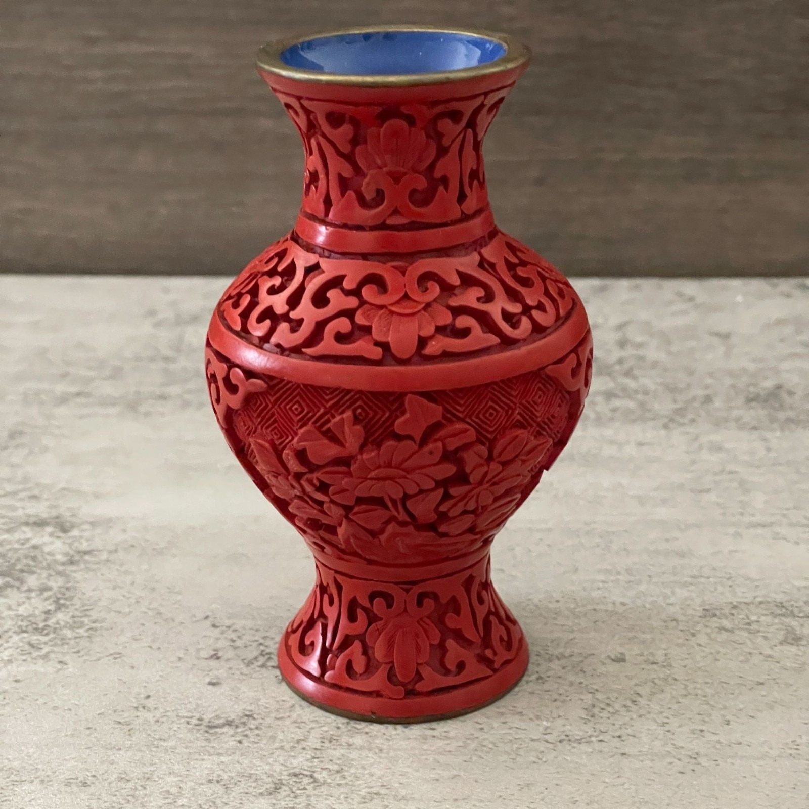 Vintage Red Cinnabar Blue Enamel Brass Hand Carved Lacquer Bud Small Vase 4.25"