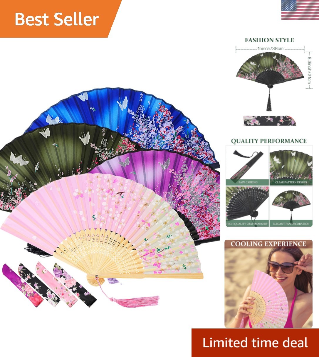 4 Pack Handheld Floral Folding Fans Hand Held Silk Bamboo Fans with Tassel Wo...