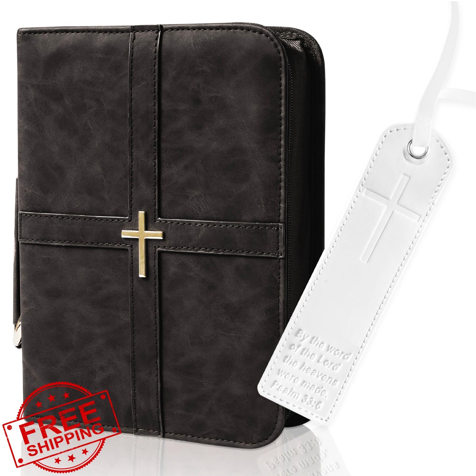 Gray PU Leather Bible Cover Cross Design w/Bookmark Case