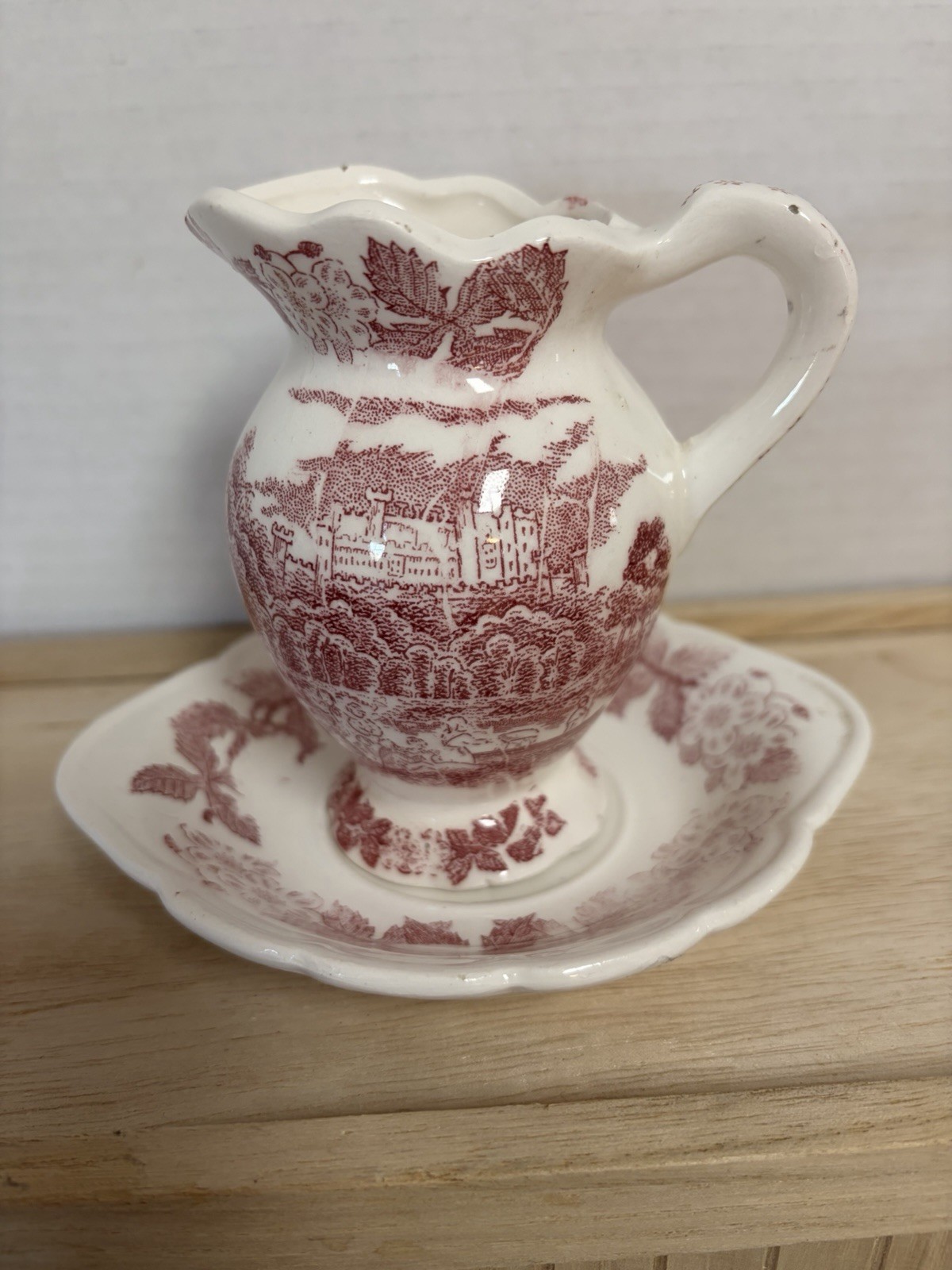 Red Transferware Miniature English Ceramic Pitcher And Bowl Vintage Set EUC