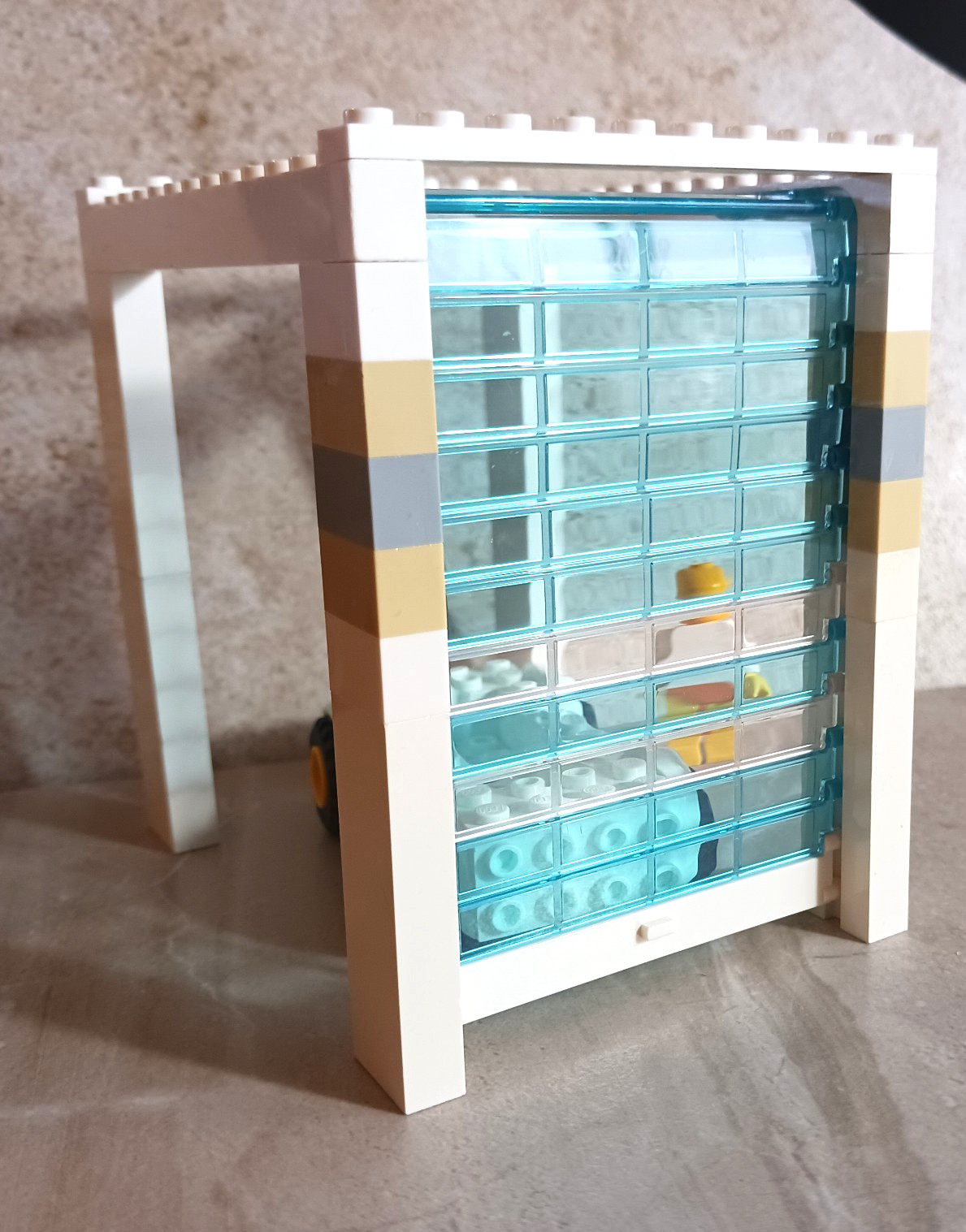 LEGO Tall Garage Door Roll Up Build On House RV Clear Panels Blue Stripes Base