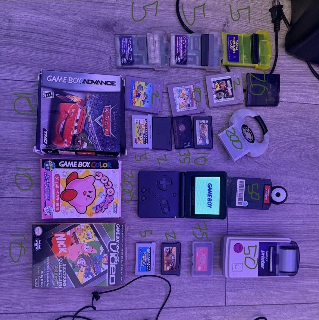 Nintendo Game Boy Color Console Lot Kirby Cars Nickelodeon Games Printer Charger