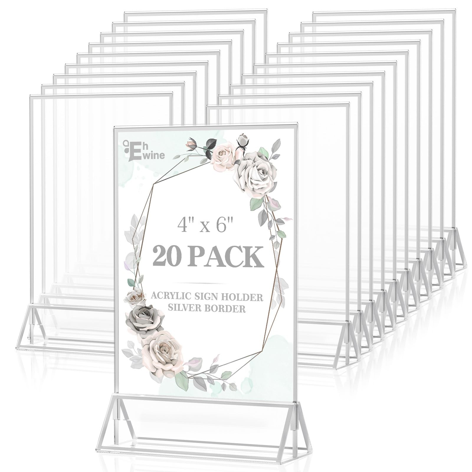 EHWINE 20 Pack 4x6 Double Sided Acrylic Sign Holder Silver Picture Frame Stand