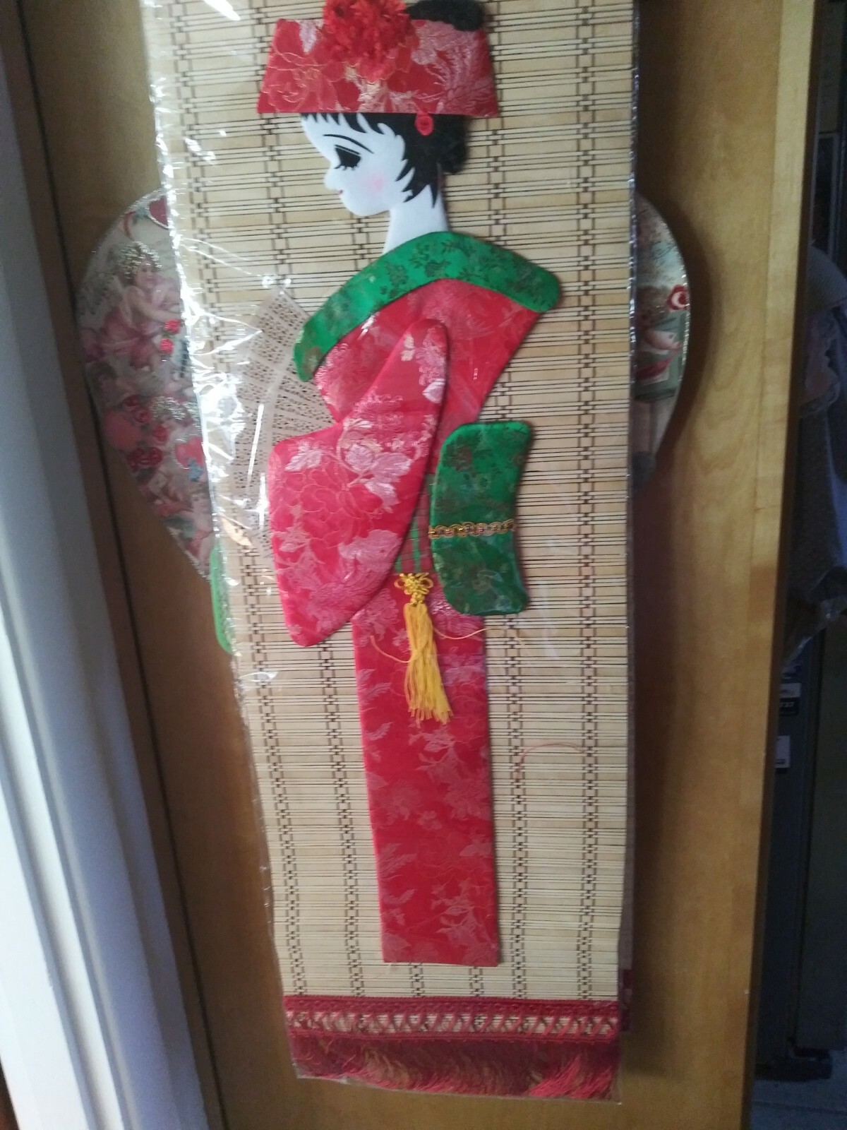 2 Bamboo Scrolls Applique Fabric Geisha Japanese Wall Hanging Art 38" X 13"Wide