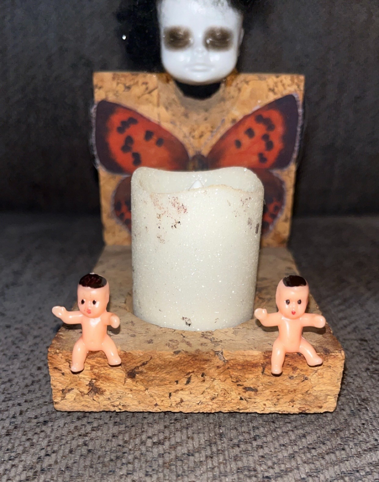 Creepy Doll Cork Candleholder Incense Burner OOAK Oddity Curio Cabinet Weird