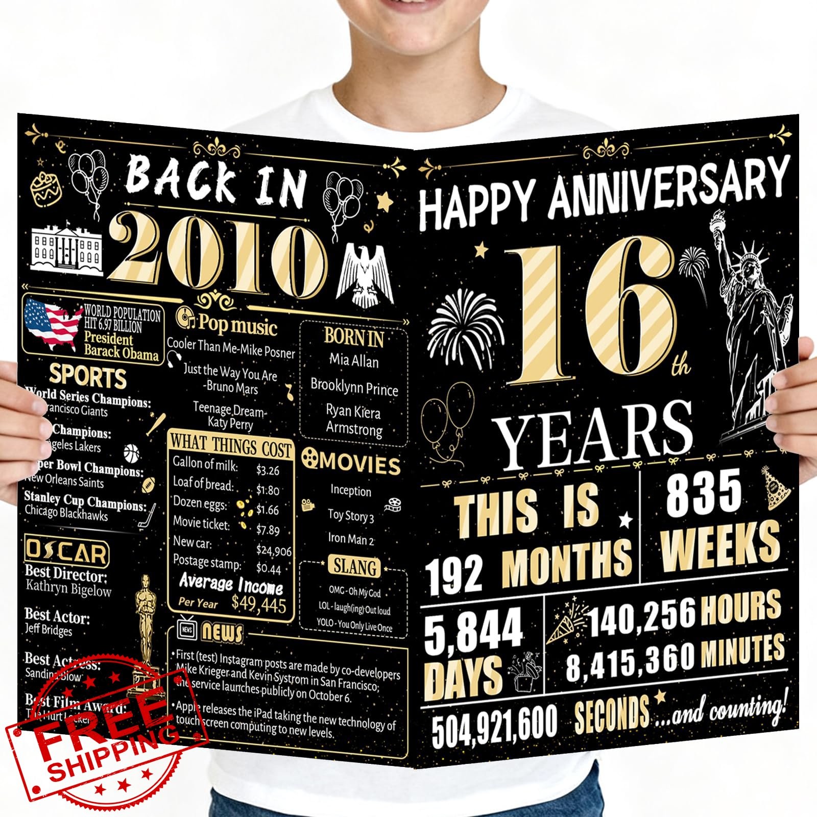 VivaGem 16th Anniversary Card Wife Husband 2010 Black Gold Retro Gift