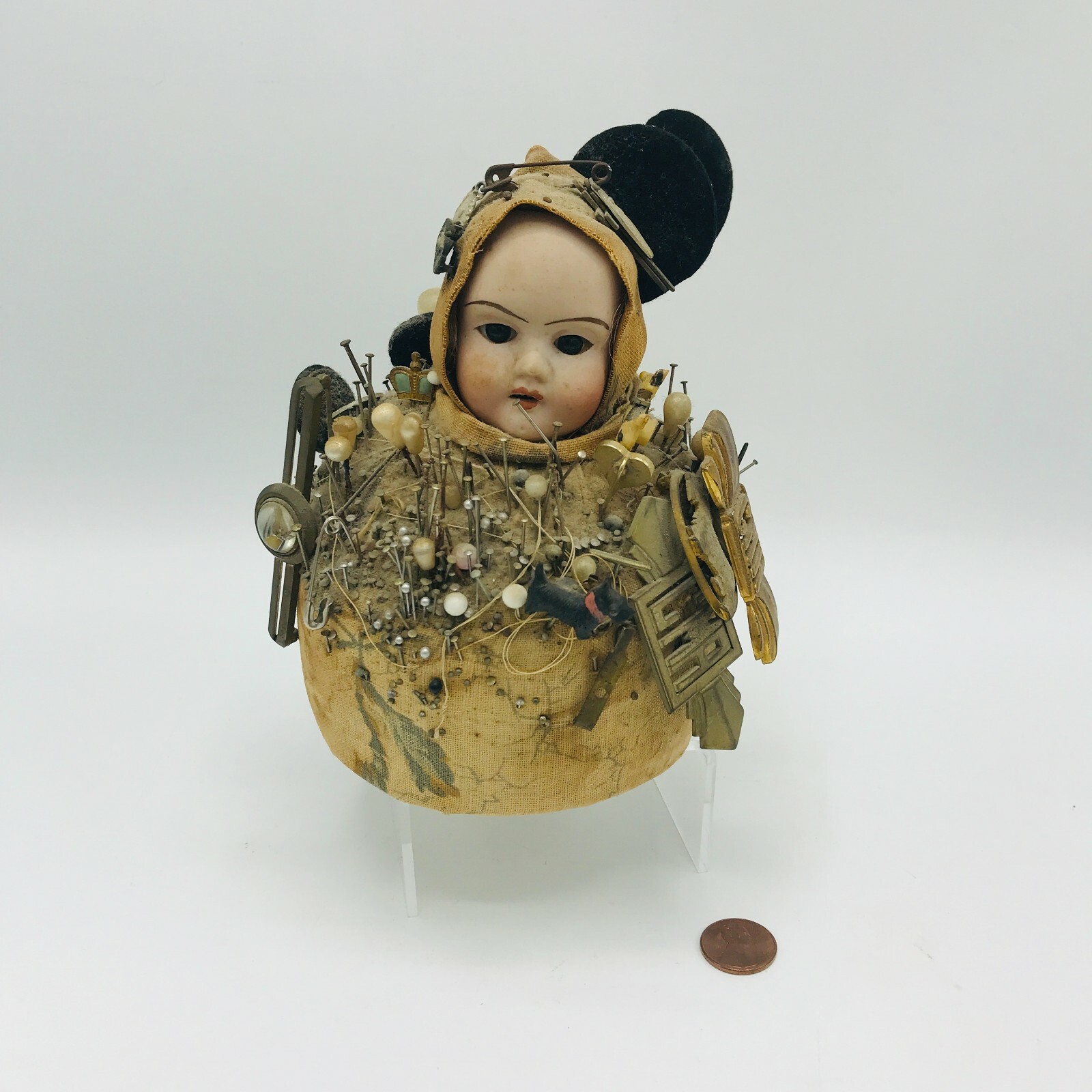 Antique Hat Pin Cushion Porcelain Face Dog Pins Brooches Primitive Folk 