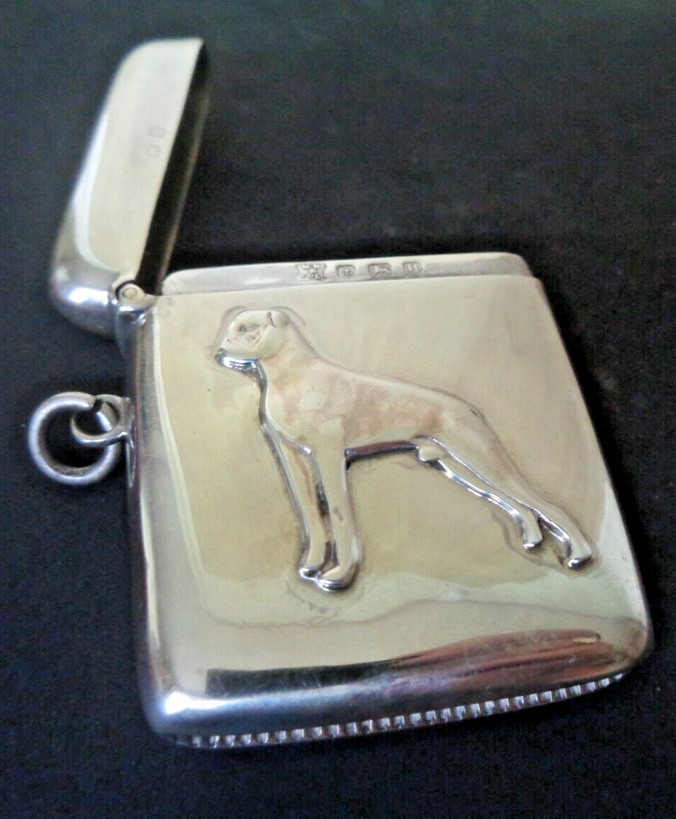 Silver Vesta BOXER DOG Match Safe  Sterling Silver  hm 1919   Martin Hall & Co.