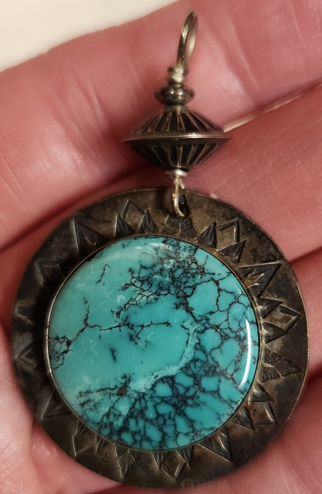 Vtg Turquoise 925 Sterling Southwestern Pendant Mexico Native American LG Marked