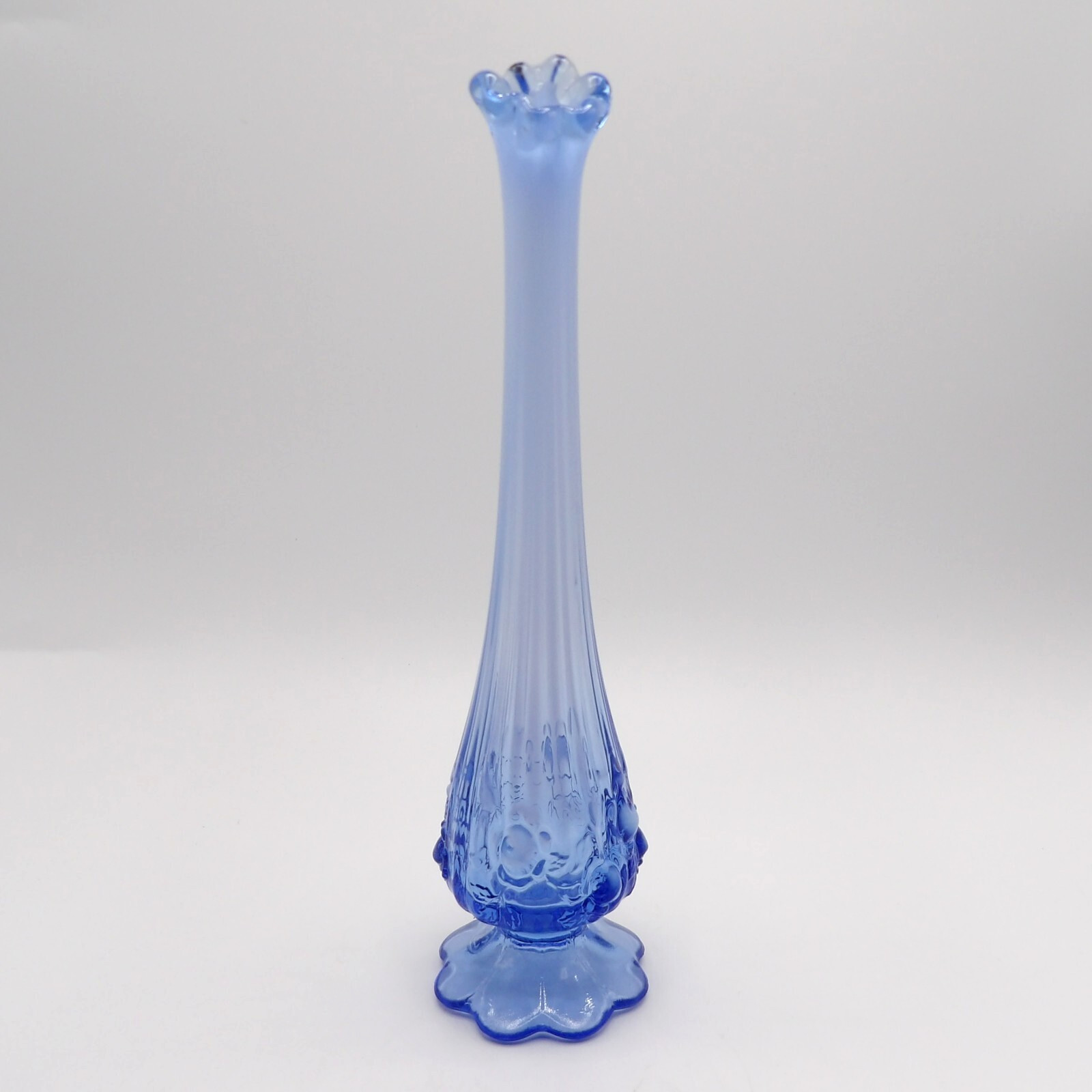 Fenton Cabbage Rose Periwinkle Blue Opalescent Swung Glass Bud Vase