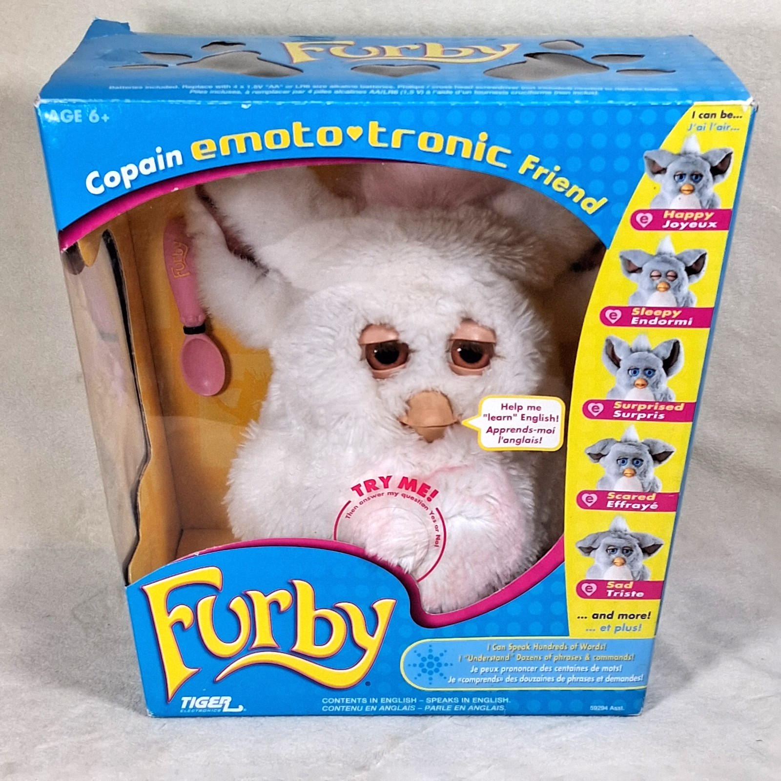 2005 Emoto-Tronic Furby Strawberry Milk Tiger Pink White 59294 Box Spoon (Works)