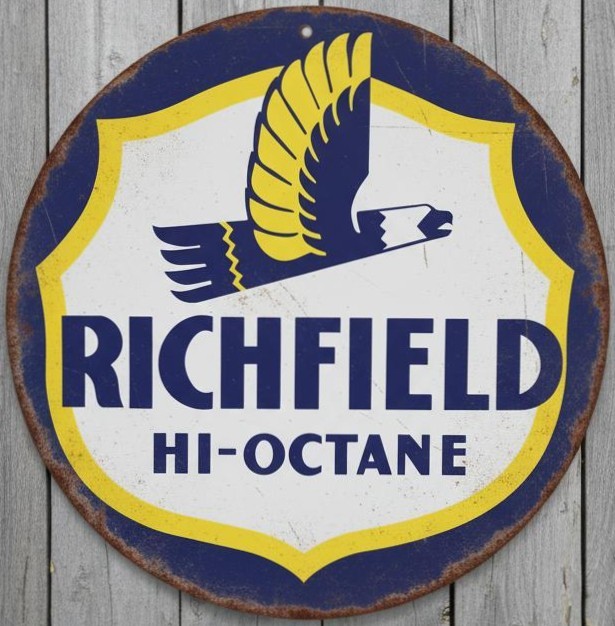 Richfield Hi-Octane Gasoline 12" Diameter Vintage Novelty Metal Sign Made In USA