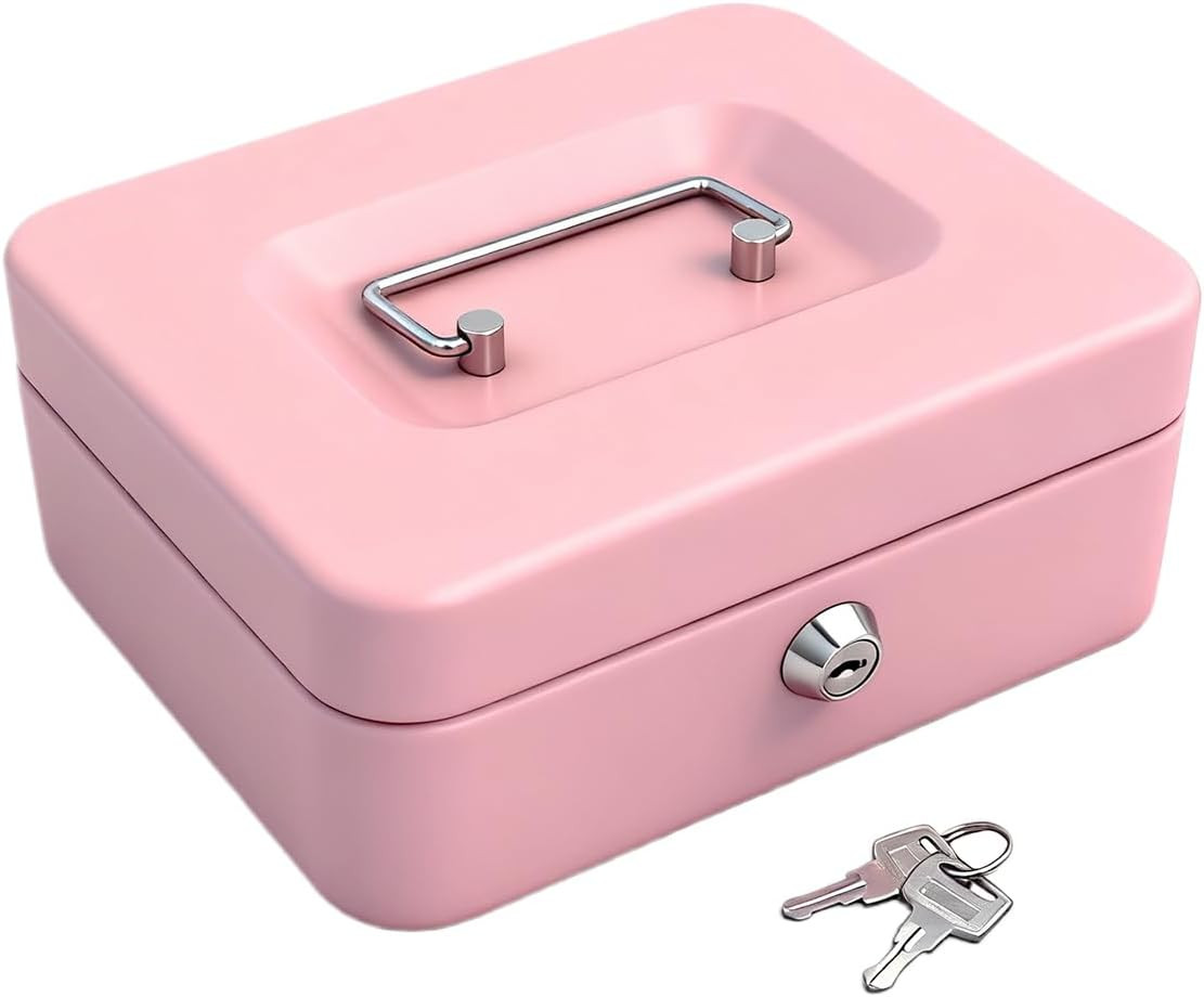 8" Cash Box with Money Tray | Metal Money Safe Lock Box Storage with Key for Val