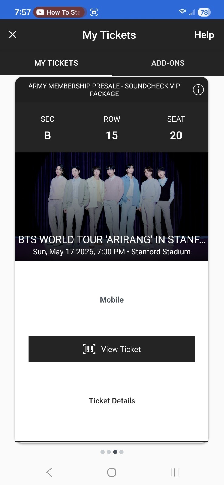 BTS Concert (VIP Soundcheck*) Floor  2 Tickets - Stanford Sunday May 17 2026