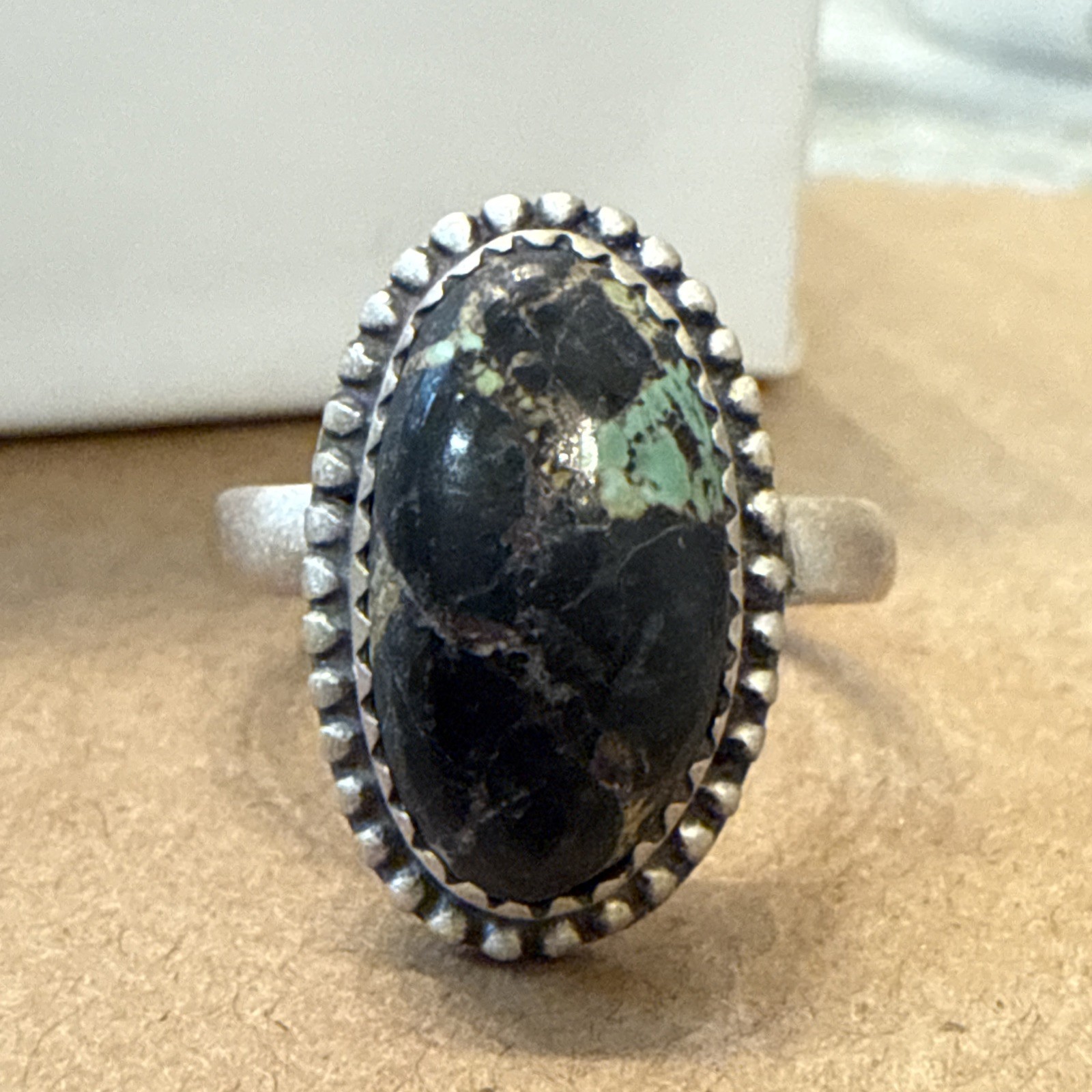 BLACK JACK Turquoise Matte Sterling Silver Ring Navajo Southwestern Adjustable 