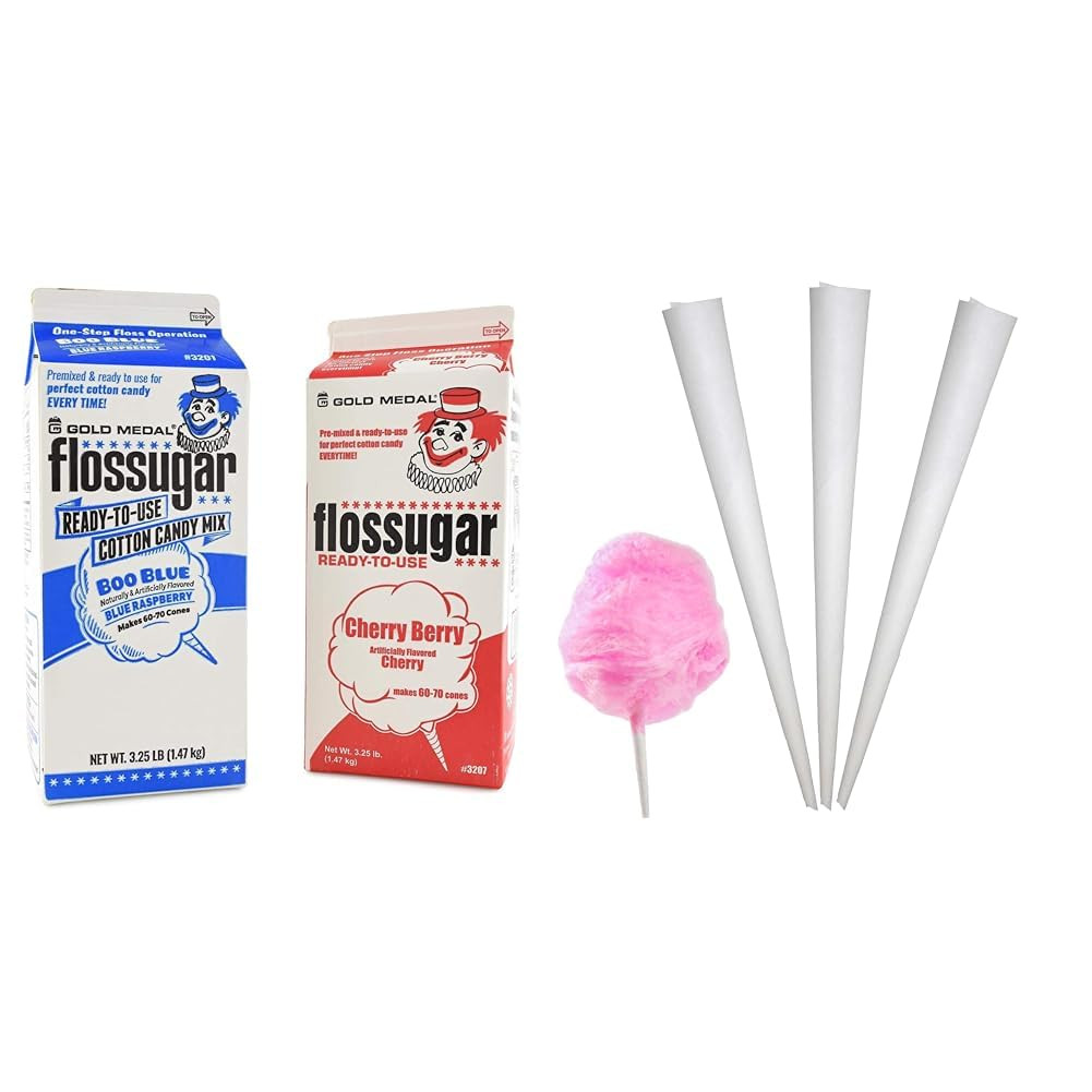 2 Pack Sugar Cherry and Blueberry Cotton Candy with 100Ct Cotton Candy Cones