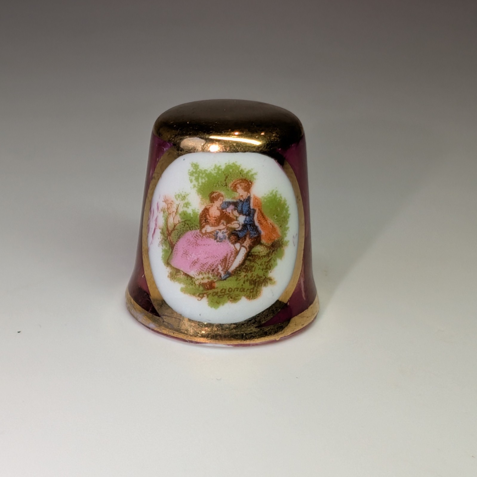 Vintage Limoges-Style Porcelain Thimble Fragonard Courting Couple Magenta Gold  
