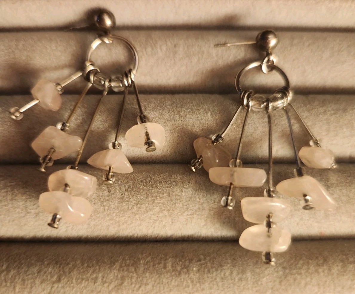 Artisan Rose Quartz Chip Sterling Silver Chandelier Earrings Bohemian 