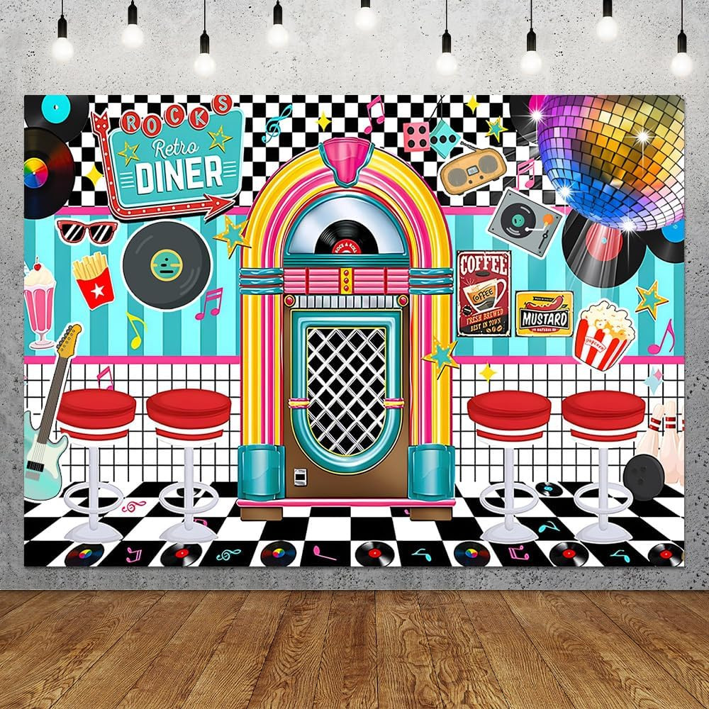 7X5FT Retro Diner 50s Party Backdrop - Rock and Roll Sock Hop 1950s Decorations 