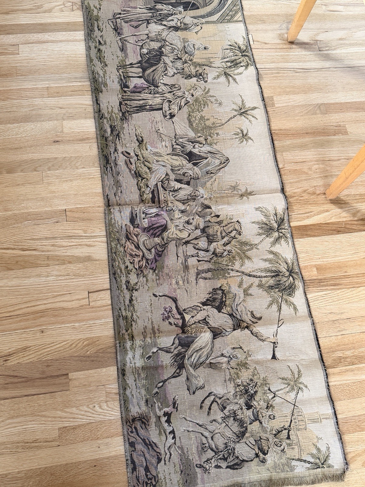 Antique Moroccan Tapestry Belgium Made Medium Woven Village Scene Wall Art