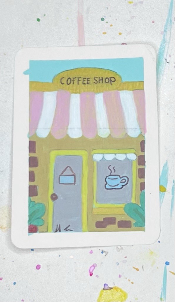 OOAK ACEO Mini Coffe Shop Mug Exterior Landscape Pink/Yellow healy_clark